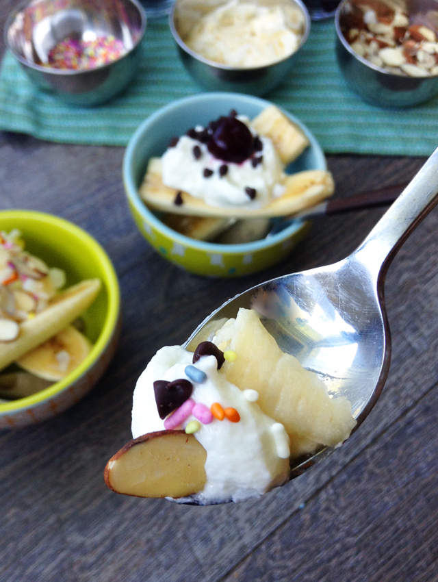 Healthy Banana Splits Healthy Banana Splits. Turn a traditionally-decadent dessert into a healthful snack with whole milk yogurt, fruit, seeds and dark chocolate chips!