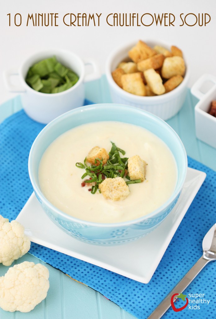10 Minute Creamy Cauliflower Soup. Perfect for picky eaters! www.superhealthykids.com/10-minute-creamy-cauliflower-soup 10 Minute Creamy Cauliflower Soup Recipe. Perfect for picky eaters!