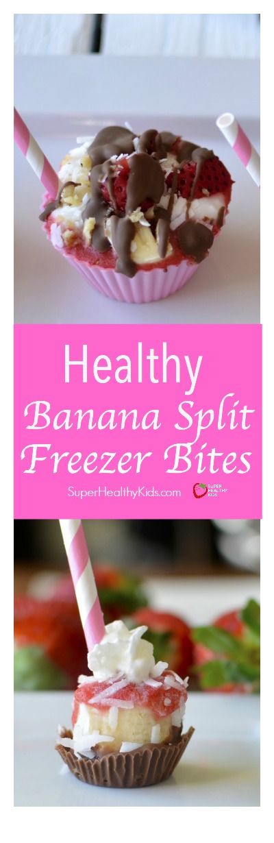 FOOD - Healthy Banana Split Freezer Bites. These mini healthy banana split bites make a delicious frozen treat for kids. http://www.superhealthykids.com/healthy-banana-split-freezer-bites/ FOOD - Healthy Banana Split Freezer Bites. These mini healthy banana split bites make a delicious frozen treat for kids. http://www.superhealthykids.com/healthy-banana-split-freezer-bites/