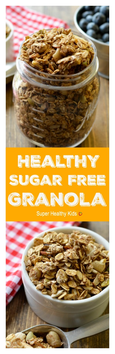 Healthy Sugar Free Granola. We were able to get this granola crunchy, even without adding any sugar at all! http://www.superhealthykids.com/healthy-sugar-free-granola-recipe/ Healthy Sugar Free Granola. We were able to get this granola crunchy, even without adding any sugar at all!