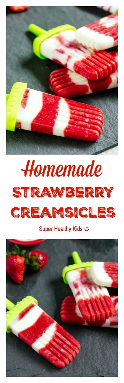 Strawberry Creamsicles. All fruit, no added sugar. Perfect way to use up your strawberries that are on their way out! http://www.superhealthykids.com/homemade-strawberry-creamsicles/ Strawberry Creamsicles. All fruit, no added sugar. Perfect way to use up your strawberries that are on their way out!
