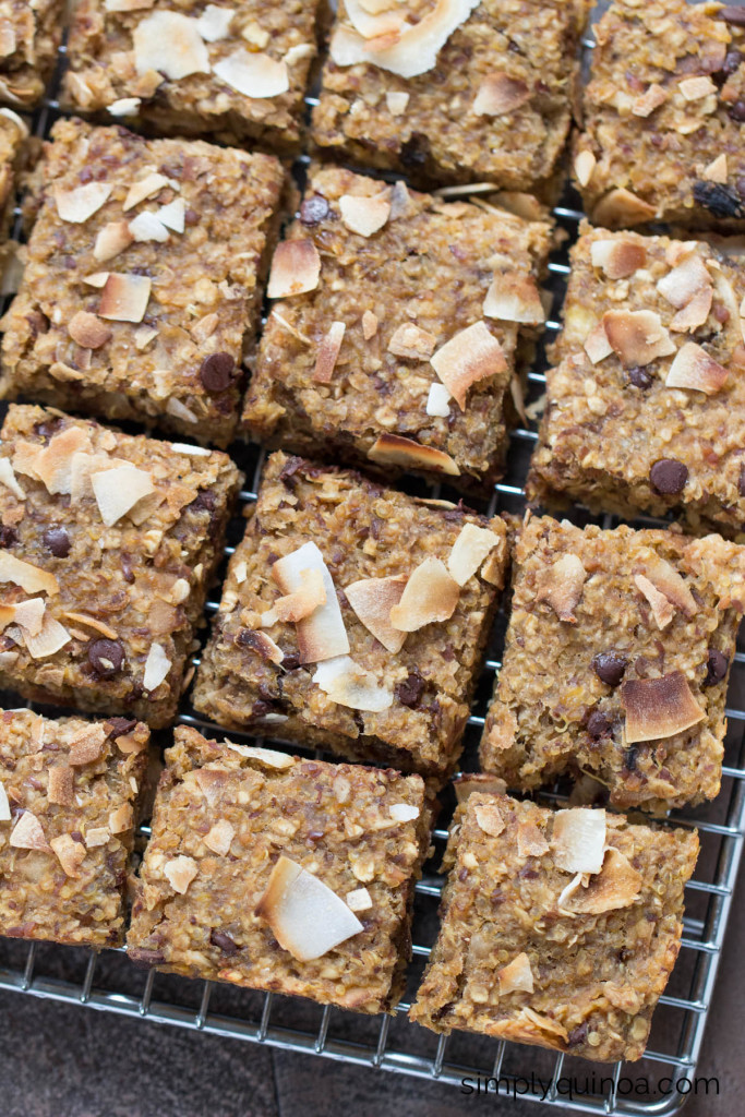 Simple Quinoa Breakfast Bars Quinoa Breakfast Bars. These simple quinoa breakfast bars are flavored with toasted coconut and chocolate chips, making for a healthy and delicious on-the-go breakfast treat that you and your kids will love!
