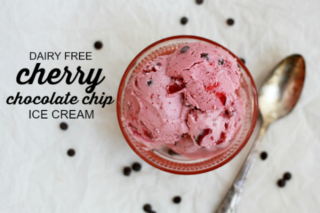 Dairy Free Cherry Chocolate Chip Ice Cream.  SO creamy and delicious and the sweetness comes from the loads of cherries in it!