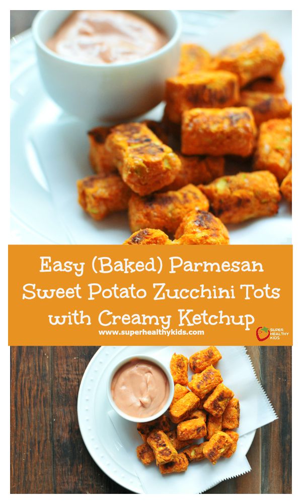 FOOD - Easy (Baked) Parmesan Sweet Potato Zucchini Tots with Creamy Ketchup - These aren't just your regular tater tots! They have 2 veggies that pack in way more nutrition than just regular potatoes. Plus your kids will love helping you make these! http://www.superhealthykids.com/easy-baked-parmesan-sweet-potato-zucchini-tots-creamy-ketchup/ FOOD - Easy (Baked) Parmesan Sweet Potato Zucchini Tots with Creamy Ketchup - These aren't just your regular tater tots! They have 2 veggies that pack in way more nutrition than just regular potatoes. Plus your kids will love helping you make these! http://www.superhealthykids.com/easy-baked-parmesan-sweet-potato-zucchini-tots-creamy-ketchup/