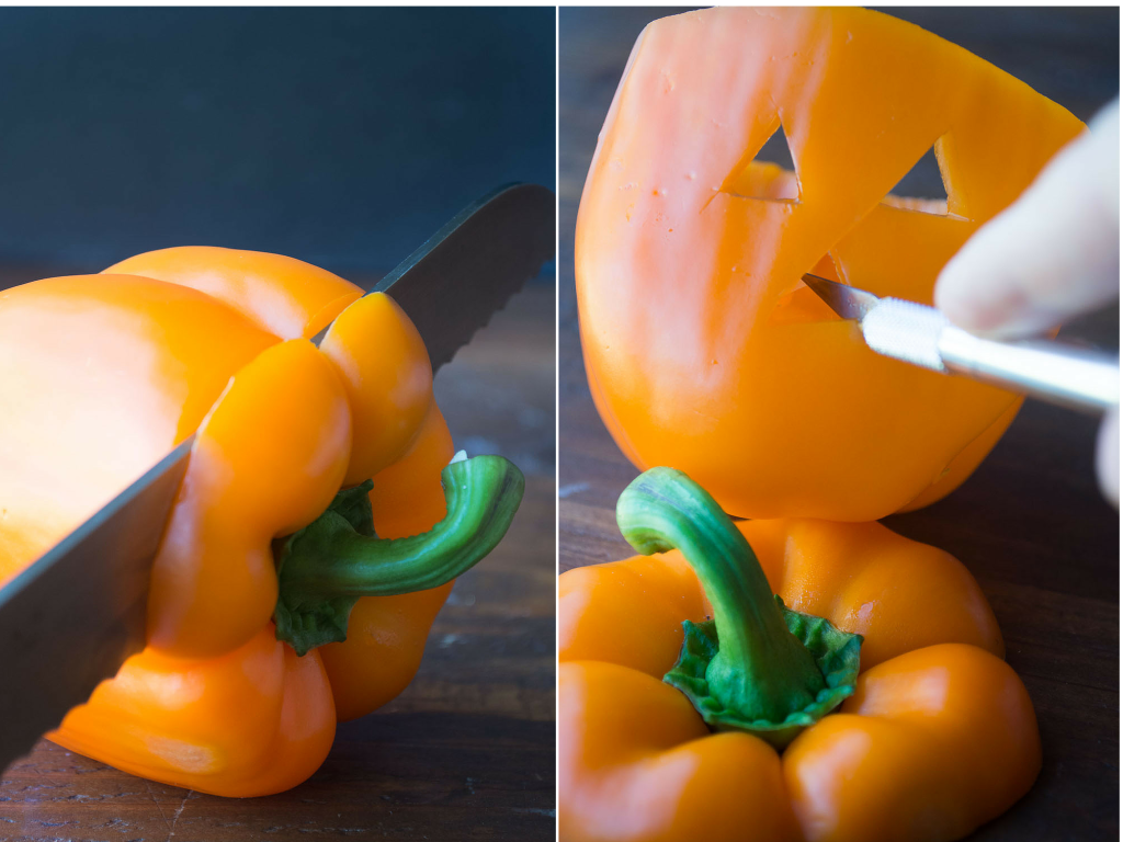 Spooky Bell Pepper Jack-o-Lanterns for healthy Halloween veggies and dip! Use our special method to serve the veggies that make kids WANT to eat these! www.superhealthykids.com