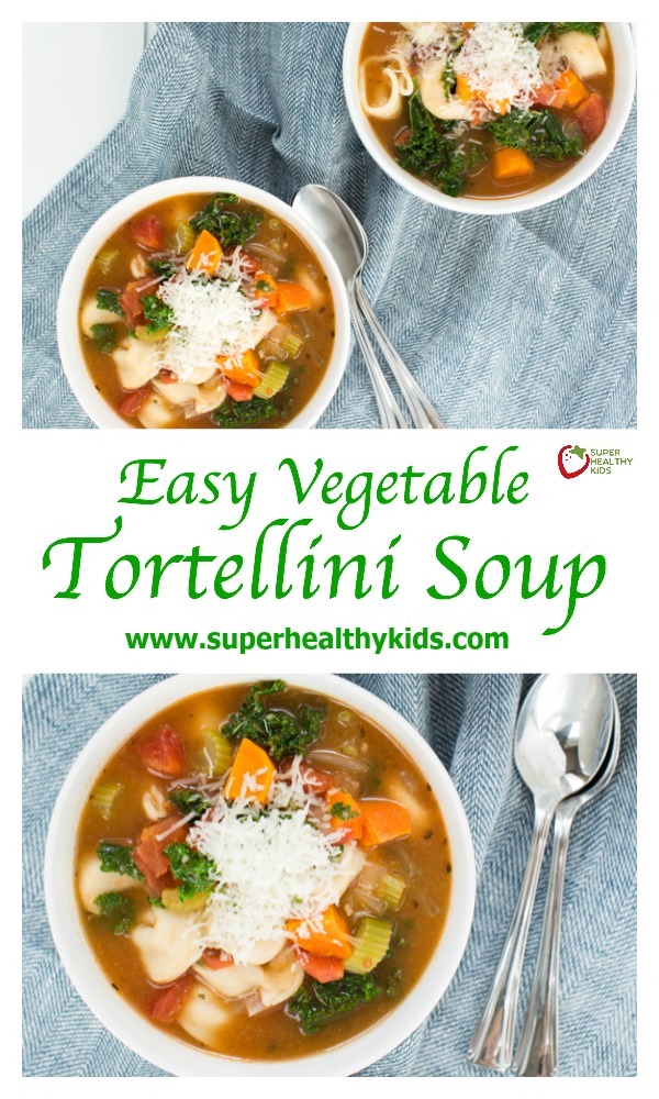 Easy Vegetable Tortellini Soup is made with fresh veggies, tortellini and a few simple seasonings. Kids and adults will love this soup that is made in under 30 minutes! www.superhealthykids.com/easy-vegetable-tortellini-soup Easy Vegetable Tortellini Soup is made with fresh veggies, tortellini and a few simple seasonings. Kids and adults will love this soup that is made in under 30 minutes!