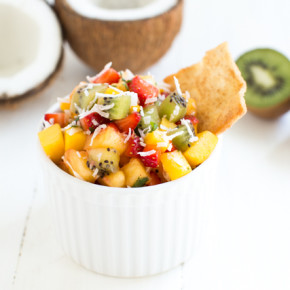 Easy Tropical Fruit Salsa made with fresh mango, pineapple, kiwi, strawberries and unsweetened coconut!