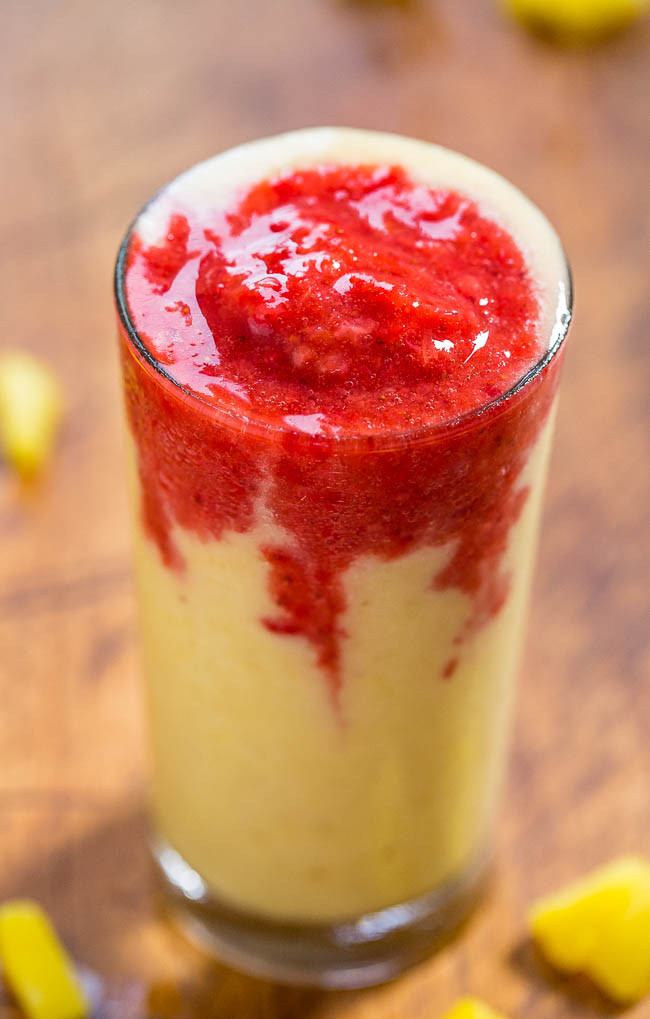 Strawberry Pineapple Banana Lava Float Smoothie 10 delicious and healthy juice and soda alternatives for your kids! www.superhealthykids.com