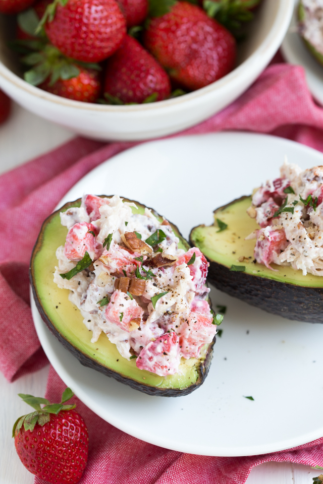 Strawberry Pecan Chicken Salad in Avocado Bowls Recipe Strawberry Pecan Chicken Salad is made with fresh strawberries, pecans, and Greek yogurt! Serve the salad is fresh avocado bowls.