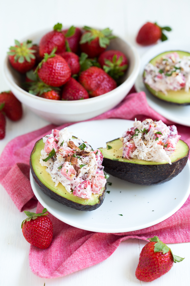 Strawberry Pecan Chicken Salad in Avocado Bowls Recipe Strawberry Pecan Chicken Salad is made with fresh strawberries, pecans, and Greek yogurt! Serve the salad is fresh avocado bowls.