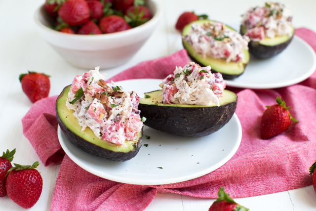 Strawberry Pecan Chicken Salad in Avocado Bowls Recipe Strawberry Pecan Chicken Salad is made with fresh strawberries, pecans, and Greek yogurt! Serve the salad is fresh avocado bowls.