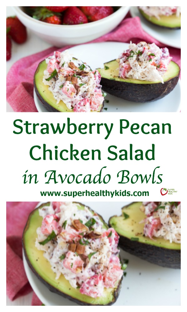 Strawberry Pecan Chicken Salad is made with fresh strawberries, pecans, and Greek yogurt! Serve the salad is fresh avocado bowls. http://www.superhealthykids.com/strawberry-pecan-chicken-salad-in-avocado-bowls-recipe/ Strawberry Pecan Chicken Salad is made with fresh strawberries, pecans, and Greek yogurt! Serve the salad is fresh avocado bowls.