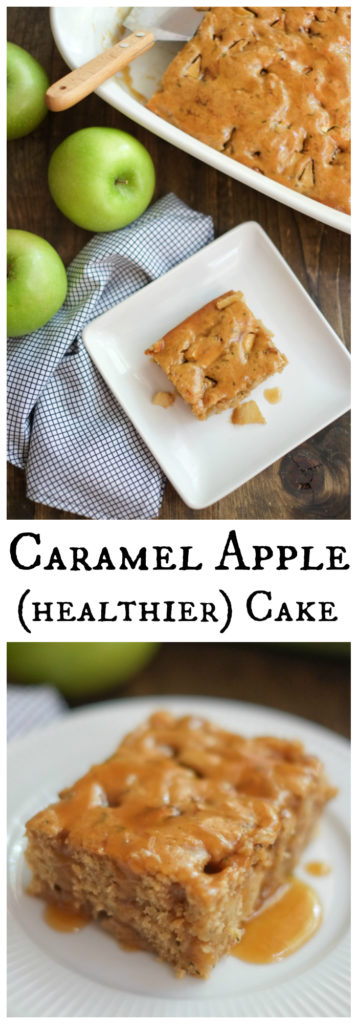 Healthier Caramel Apple Cake. This caramel apple cake tastes like a cross between a caramel apple and coffee cake - but with half the sugar and fat of similar recipes! http://www.superhealthykids.com/healthier-caramel-apple-cake-recipe/ Healthier Caramel Apple Cake. This caramel apple cake tastes like a cross between a caramel apple and coffee cake - but with half the sugar and fat of similar recipes! http://www.superhealthykids.com/healthier-caramel-apple-cake-recipe/