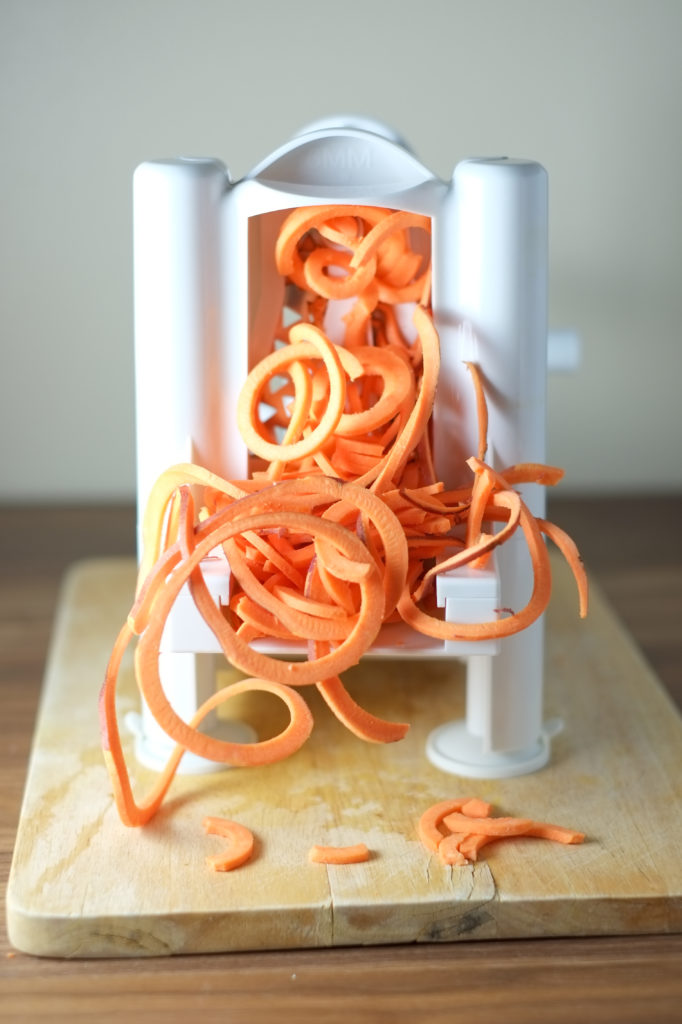 Spiralized Sweet Potato & Sausage Soup Recipe Spiralized Sweet Potato & Sausage Soup. Sweet potatoes spiralized into a creamy and flavorful soup! With just the right balance of creamy and fresh, light but filling, everyone is happy.