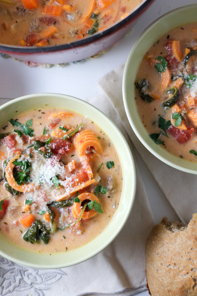 Spiralized Sweet Potato & Sausage Soup Recipe Spiralized Sweet Potato & Sausage Soup. Sweet potatoes spiralized into a creamy and flavorful soup! With just the right balance of creamy and fresh, light but filling, everyone is happy.