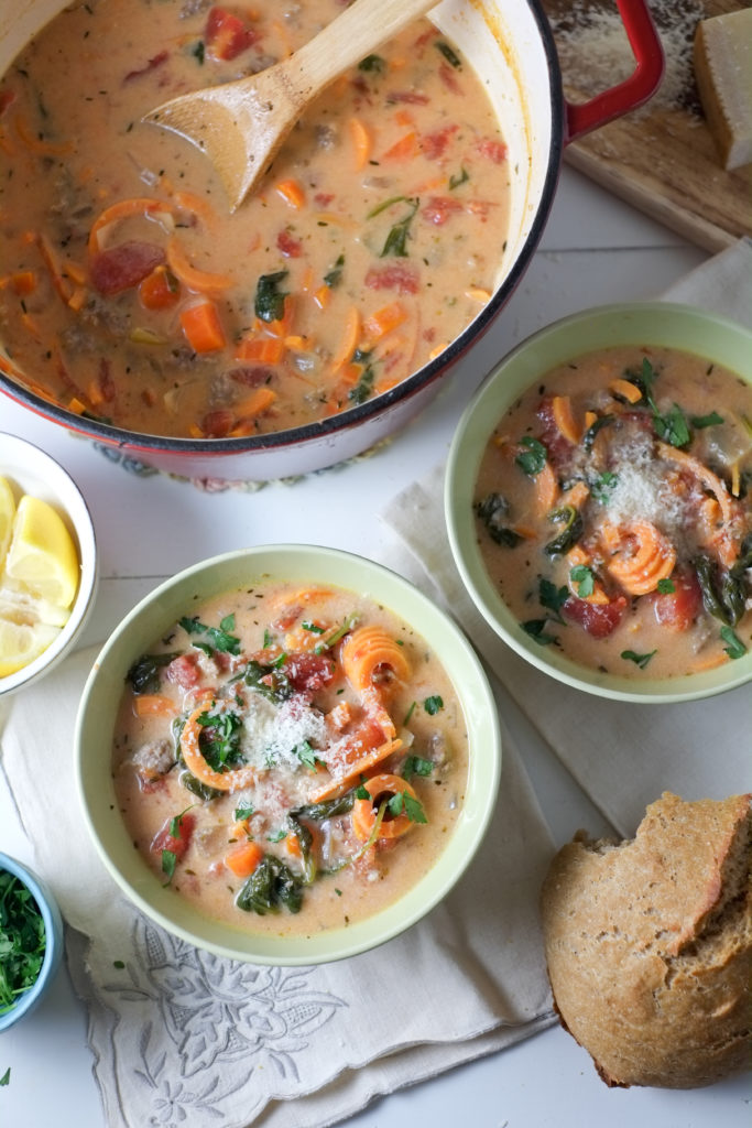 Spiralized Sweet Potato & Sausage Soup Recipe Spiralized Sweet Potato & Sausage Soup. Sweet potatoes spiralized into a creamy and flavorful soup! With just the right balance of creamy and fresh, light but filling, everyone is happy.