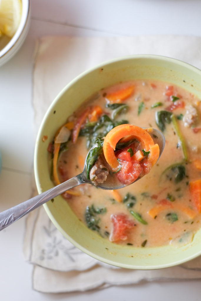 Spiralized Sweet Potato & Sausage Soup Recipe Spiralized Sweet Potato & Sausage Soup. Sweet potatoes spiralized into a creamy and flavorful soup! With just the right balance of creamy and fresh, light but filling, everyone is happy.