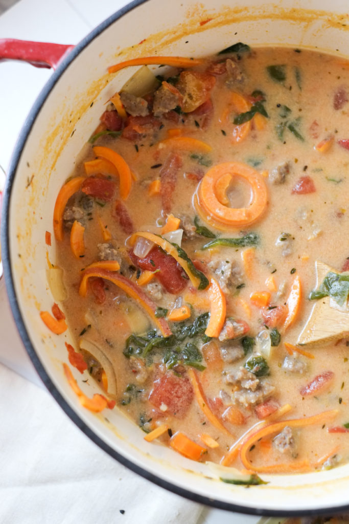 Spiralized Sweet Potato & Sausage Soup Recipe Spiralized Sweet Potato & Sausage Soup. Sweet potatoes spiralized into a creamy and flavorful soup! With just the right balance of creamy and fresh, light but filling, everyone is happy.
