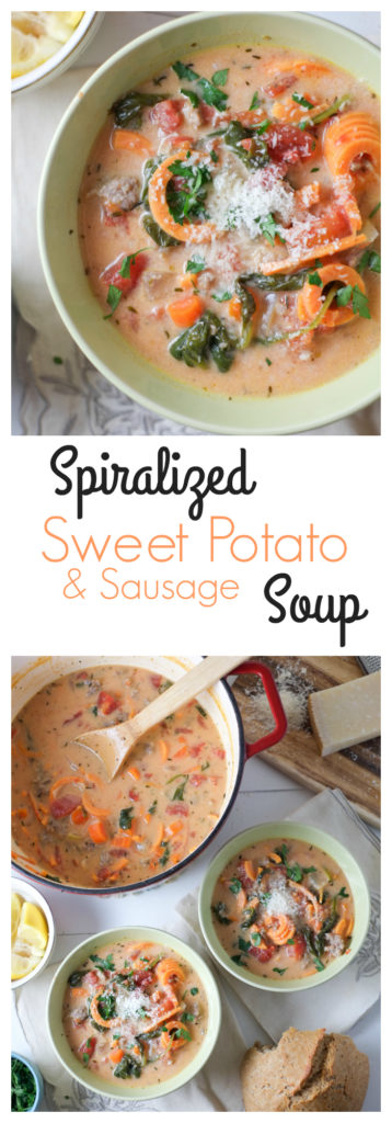 Spiralized Sweet Potato & Sausage Soup. Sweet potatoes spiralized into a creamy and flavorful soup! With just the right balance of creamy and fresh, light but filling, everyone is happy. http://www.superhealthykids.com/spiralized-sweet-potato-sausage-soup-recipe/ Spiralized Sweet Potato & Sausage Soup. Sweet potatoes spiralized into a creamy and flavorful soup! With just the right balance of creamy and fresh, light but filling, everyone is happy. http://www.superhealthykids.com/spiralized-sweet-potato-sausage-soup-recipe/