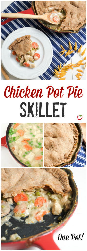 One Dish Chicken Pot Pie Skillet. This one dish chicken pot pie skillet is a hearty meal full of veggies and protein. With only a top crust, this skillet meal is totally fuss free! http://www.superhealthykids.com/easy-chicken-pot-pie-skillet-recipe/ One DIsh Chicken Pot Pie Skillet | Super Healthy Kids | Food and Drink