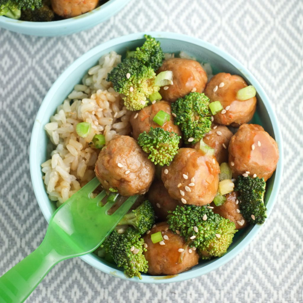 Kids love mini meatballs and "tiny trees" lathered in teriyaki sauce.