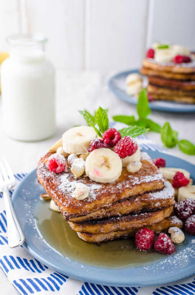 Flax French Toast Healthy Breakfast Idea for Kids with raspberries and bananas