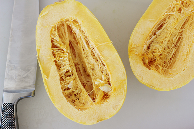 The inside of a winter squash