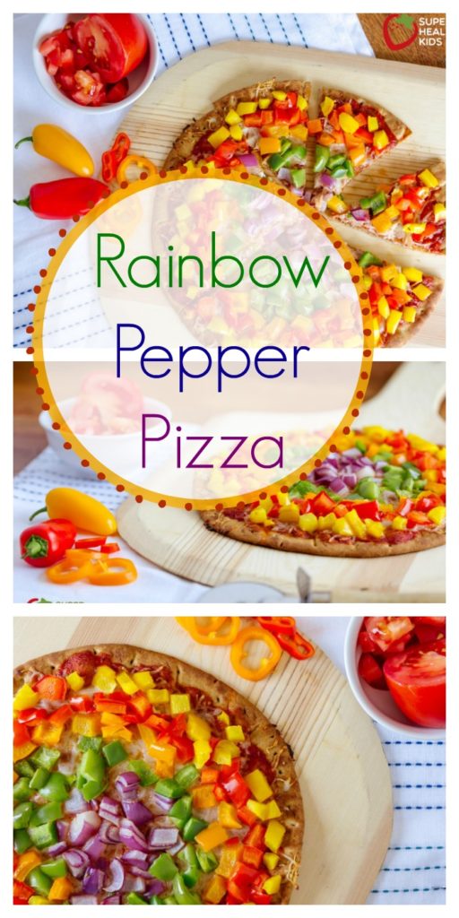 rainbow bell pepper pizza with bell peppers and red onions