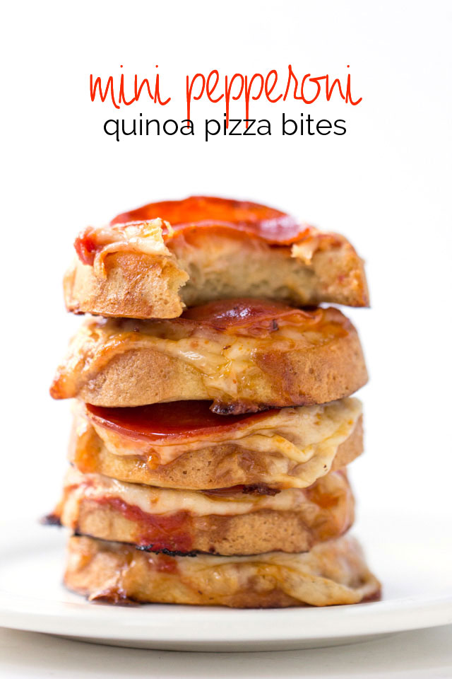 Mini Quinoa Pizza Bites Mini Quinoa Pizza Bites with pepperoni and cheese -- a simple (and healthy) snack/meal for your kiddos!