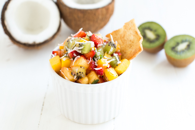 Tropical Fruit Salsa Easy Tropical Fruit Salsa made with fresh mango, pineapple, kiwi, strawberries and unsweetened coconut! www.superhealthykids.com