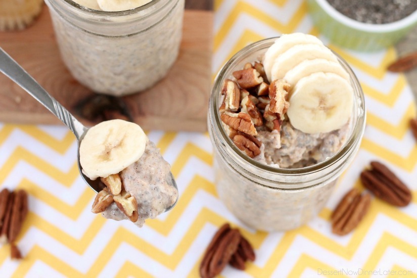 Banana Bread Overnight Oats Banana bread inspired overnight oats are quick to whip up for a great breakfast or snack on-the-go! www.superhealthykids.com