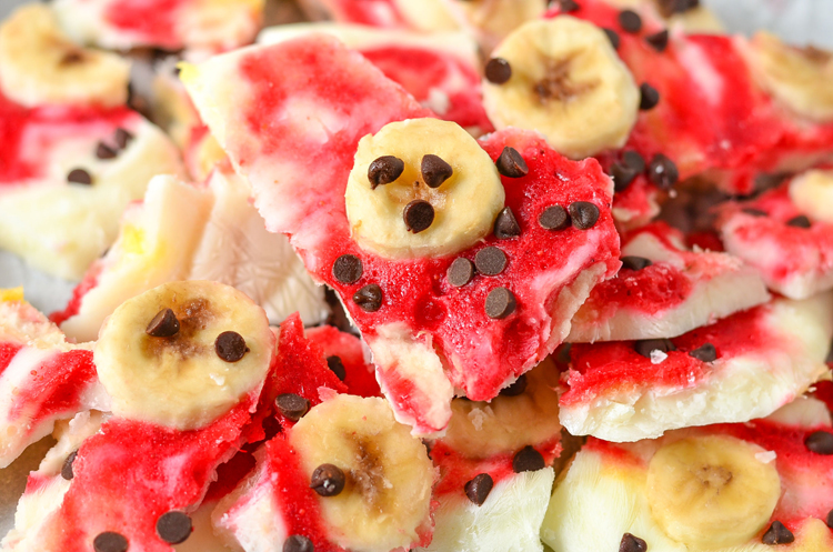 Banana Split Frozen Yogurt Bark Strawberry Blueberry Frozen Yogurt Bark. A healthy and refreshing frozen treat for summer. Super easy to make, and a great thing to have in your freezer for an afternoon snack. www.superhealthykids.com