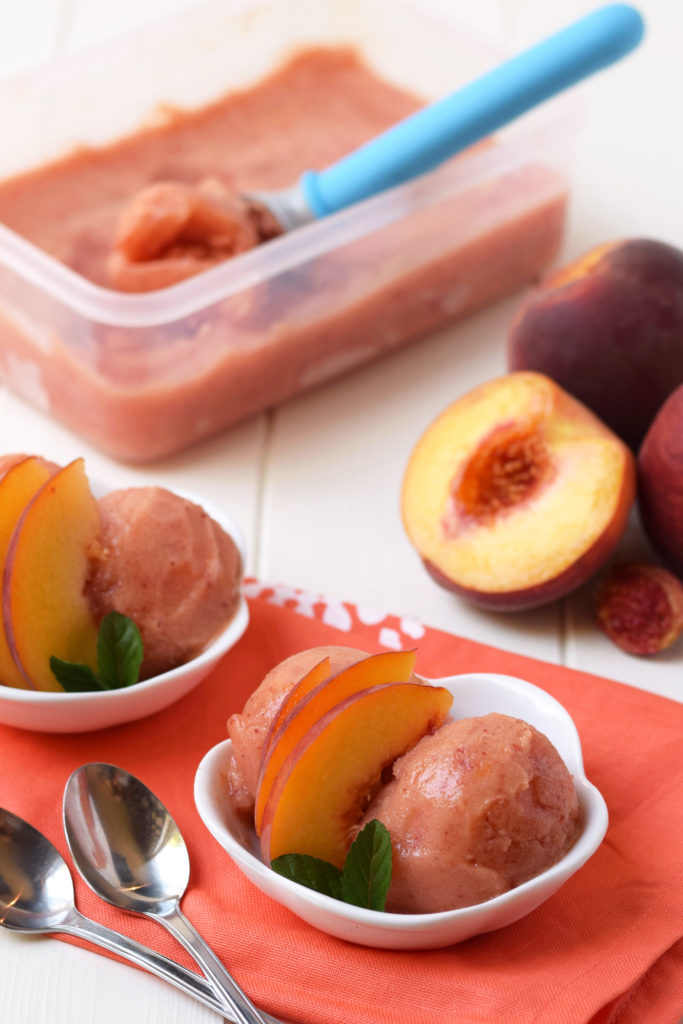 Homemade Peach Sorbet - Only three healthy ingredients and no ice cream maker required for this healthy, fresh dessert! It's the perfect summer treat!