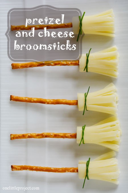 30 Healthy and Festive Halloween Treats Cheese and pretzel broomstick