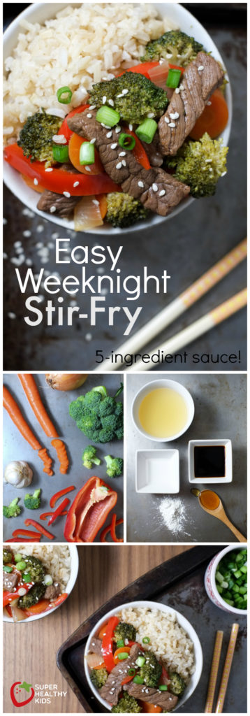 Easy Weeknight Stir-Fry. One of our go-to recipes for a quick and healthy dinner! Includes an easy 5-ingredient stir-fry sauce, using ingredients you probably already have on hand. https://www.superhealthykids.com/easy-weeknight-stir-fry-recipe/ Easy Weeknight Stir-Fry Recipe | Super Healthy Kids | Food and Drink
