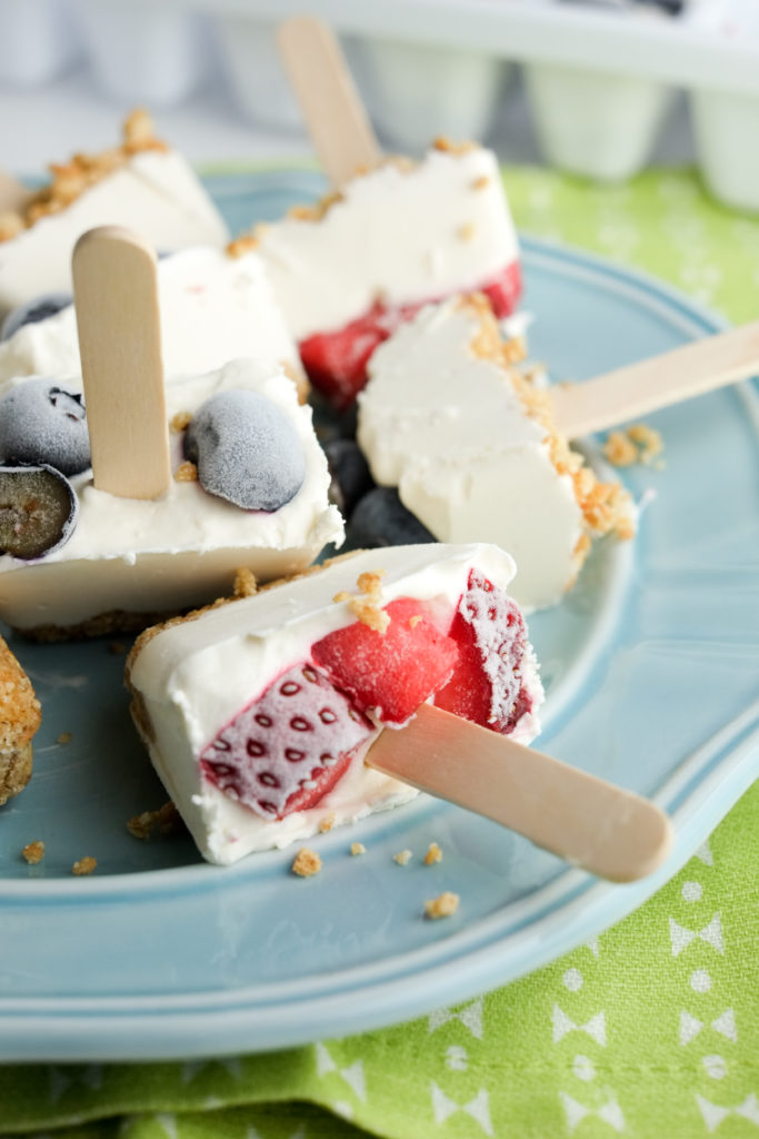 Popsicle sticks make these cheesecake bites even more fun to eat!