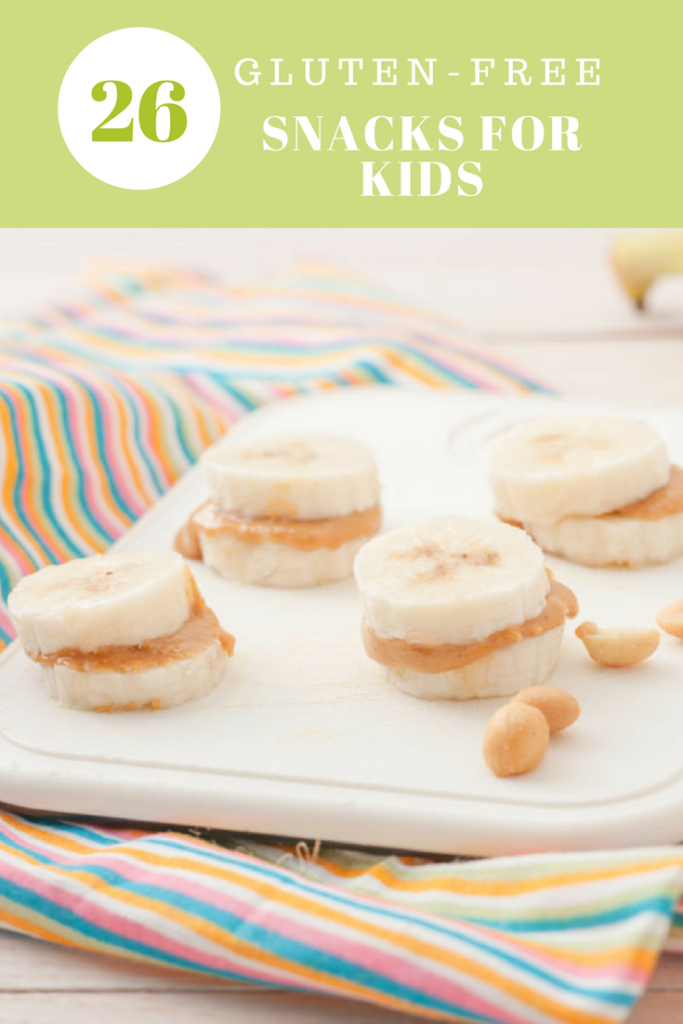 26 Gluten-Free Snack Ideas for Kids Easy No Complicated Recipes! Pinterest Image Peanut Butter Banana Bites GLuten Free Snacks for Kids