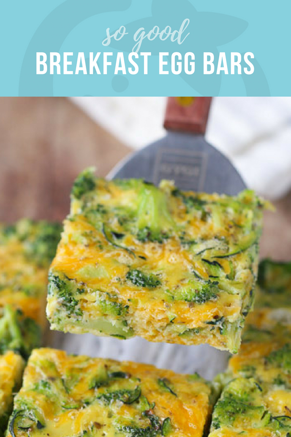 Square egg bar with broccoli and zucchini on a spatula. Breakfast Egg Bars. 