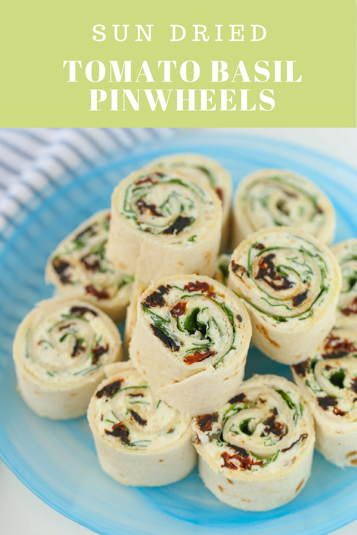 Creamy Sun Dried Tomato Basil Pinwheels are perfect for picnics, potlucks, road trips or snacking at home! No cooking, just a delicious snack in 5 minutes! SUN DRIED tomato basil pinwheels