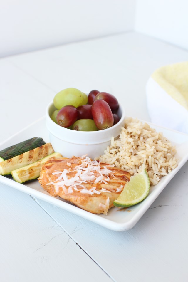 coconut lime chicken with zucchini, rice and grapes