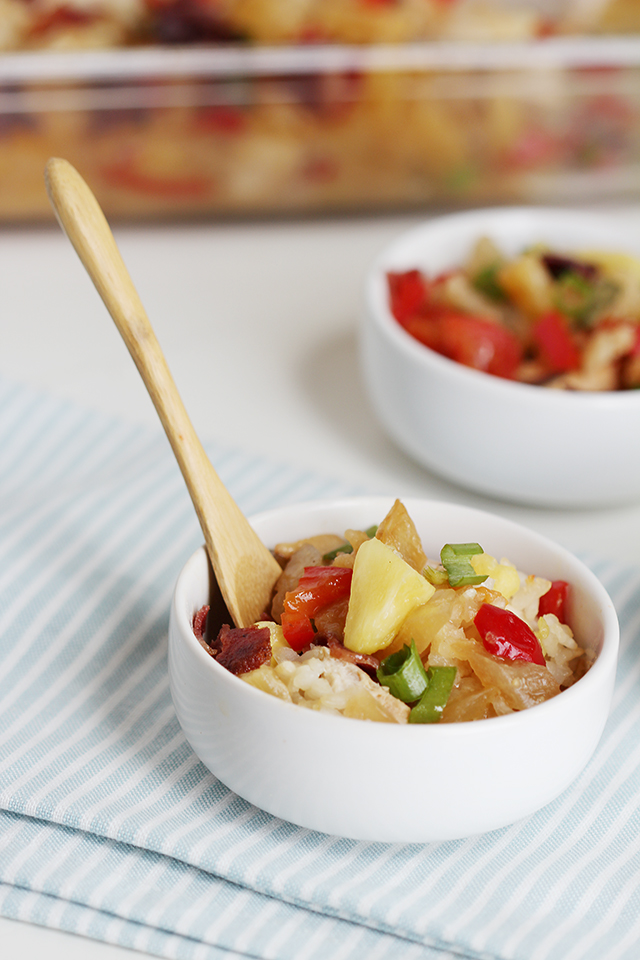 Easy Tropical Chicken and Rice Bake in small white bowls