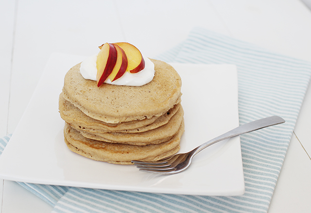 eggless pancakes with peaches on top