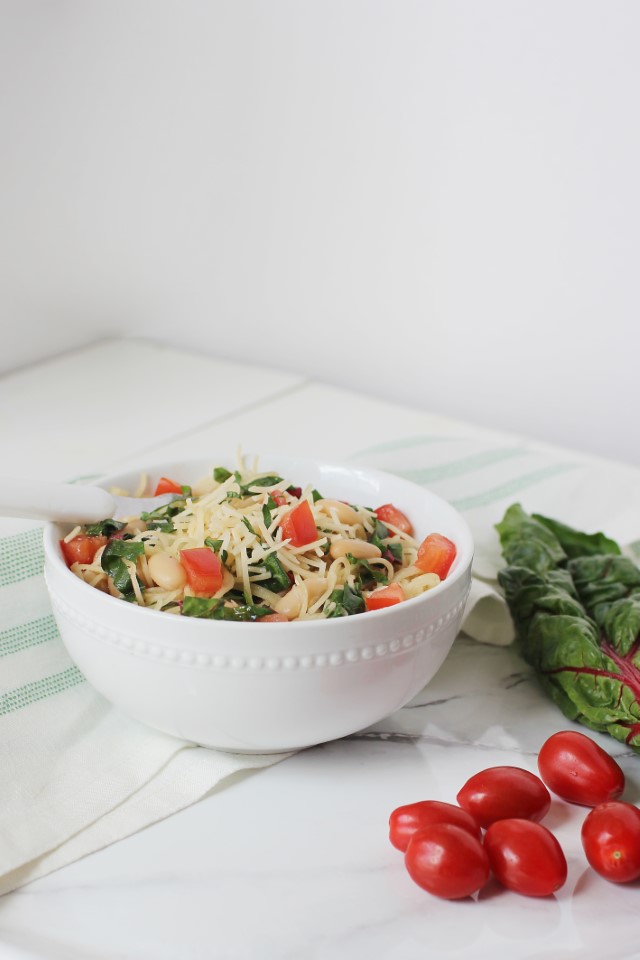 Garlic Pasta with Swiss Chard with cherry tomatoes 