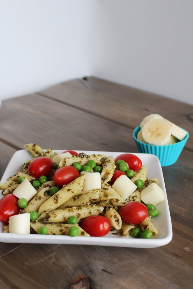 Pesto Pasta Salad with cherry tomatoes and peas