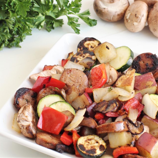 healthy one skillet meal with vegetables and sausage