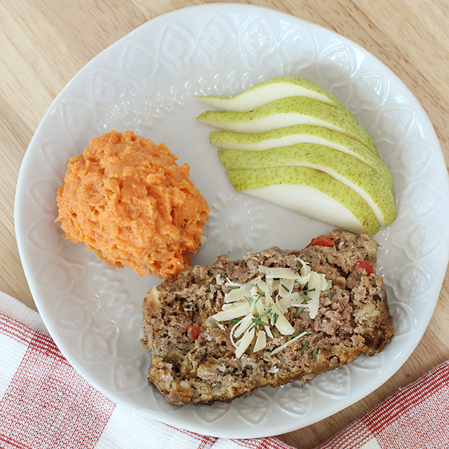 meatloaf dinner with sweet potatoes and pears